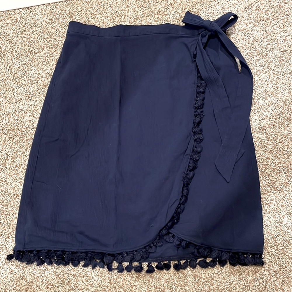 J Crew, Navy Blue Wrap Fringe Skirt Size M